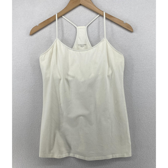 EILEEN FISHER Tank Top M Organic Cotton Jersey Racerback Halter Shelf Bra Ivory - Picture 1 of 13